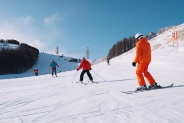 A professional skier in full skiing gear descends down a snowy mountain Generative AI