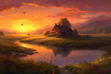 Naklejka na ściany i meble Beautiful view of a old simple cabin or house with a river nearby a meadow and hills at sunset. Beautiful serene rustic landscape illustration. Ai generated