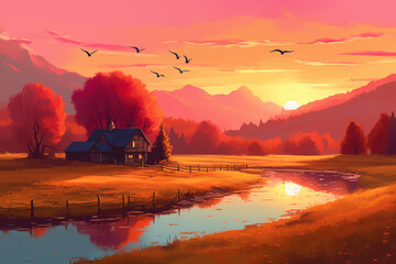 Fototapeta premium Beautiful view of a old simple cabin or house with a river nearby a meadow and hills at sunset. Beautiful serene rustic landscape illustration. Ai generated