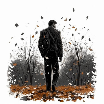 Mysterious man on the background of falling leaves. High quality illustration