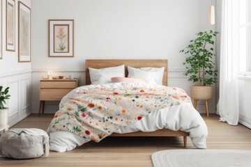 Serene Bedroom with Colorful Accents and Floral Wall Art Mockup, Generative AI