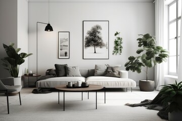 Minimalist Living Room with Black and White Wall Art, Generative AI