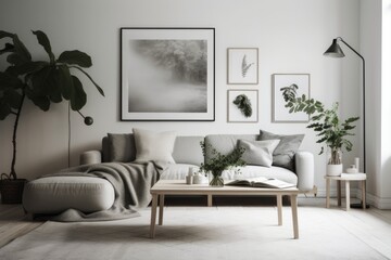 Minimalist Living Room with Black and White Wall Art, Generative AI