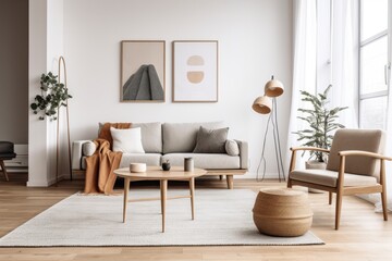 Fototapeta na wymiar Stylish Living Room Interior with Beautiful Wall Art Mockups, Generative AI