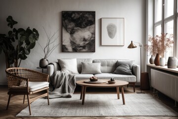 Stylish Living Room Interior with Beautiful Wall Art Mockups, Generative AI