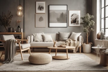 Stylish Living Room Interior with Beautiful Wall Art Mockups, Generative AI