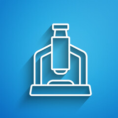 White line Microscope icon isolated on blue background. Chemistry, pharmaceutical instrument, microbiology magnifying tool. Long shadow. Vector