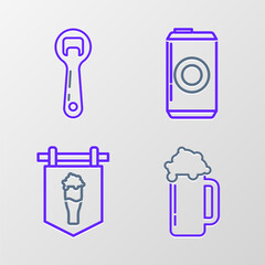 Set line Glass of beer, Street signboard with glass, Beer can and Bottle opener icon. Vector