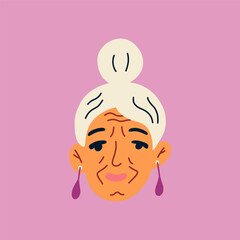Portrait of cute senior woman with Hairband with jewelry in the ears. Avatar of European grandmother female character isolated on background. Vector illustration for postcards, posters, social network