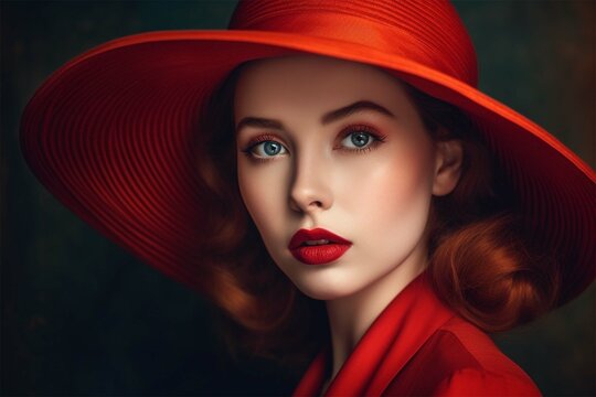 beautiful showy model in a red hat red clothes on a red background. Generative AI