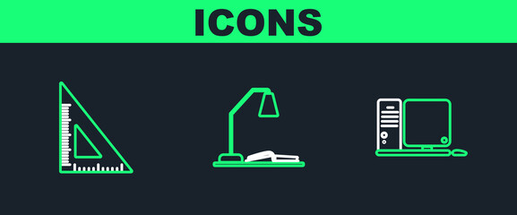 Set line Computer monitor with keyboard and mouse, Triangular ruler and Workplace table lamp open book icon. Vector