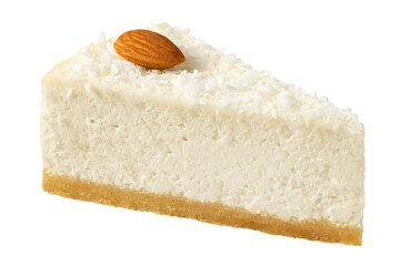 Piece of Coconut cheesecake isolated on white background, full depth of field