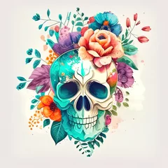 Stickers pour porte Crâne aquarelle Watercolor Floral skull for Halloween and day of the dead design