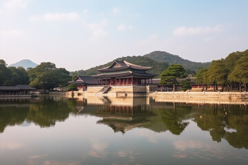 Fototapeta na wymiar Gyeongbok palace in Seoul City, Gyeongbokgung palace landmark of Seoul, South Korea, Korean wooden traditional house in Gyeongbokgung the main royal palace of Joseon dynasty