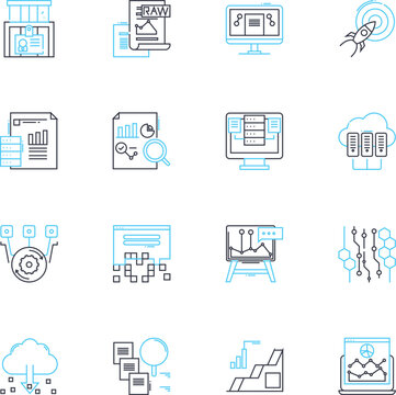 Data visualization linear icons set. Graphs, Charts, Infographics, Dashboards, Maps, Analytics, Insights line vector and concept signs. Metrics,Trends,Visualization outline illustrations