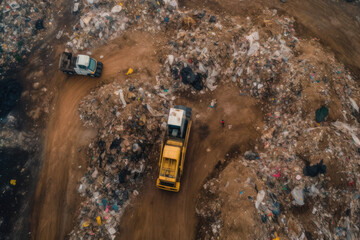 Garbage pile in trash dump or landfill abundance, Aerial view garbage truck unload garbage to a landfill, Biohazard global warming ecosystem and healthy environment concept