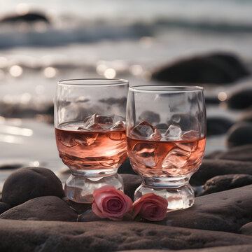 Two glasses of cold rose wine with ice cubes on sandy beach on a sunny day, close up. Holiday concept. Hot summer time at the sea shore. Romantic picnic on the beach with iced rose champagne. AI