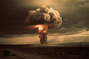 Nuclear radioactive atom bomb explosion with mushroom cloud. Huge power and atomic destruction concept. Ai generated