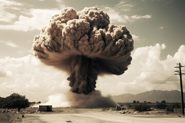 Nuclear radioactive atom bomb explosion with mushroom cloud. Huge power and atomic destruction concept. Ai generated