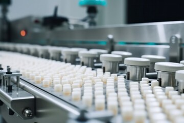 Close-up of the production of tablets for pharmaceuticals, the pharmaceutical or cosmetic industry, the production line of a medical or cosmetic factory.Generative AI