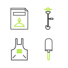 Set line Garden trowel spade or shovel, Kitchen apron, Grass and weed electric string trimmer and A pack full of seeds of specific plant icon. Vector