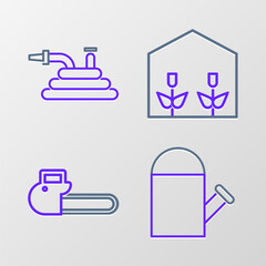 Set line Watering can, Chainsaw, Home greenhouse and plants and Garden hose or fire hose icon. Vector