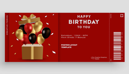Ticket vector template layout Happy Birthday. Festive illustration with gift box, black, gold and red balloons, confetti. Great for poster, cover, art, tickets, prints, etc. Place for text