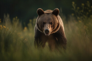 Brown bear in the grass field. AI-generated 