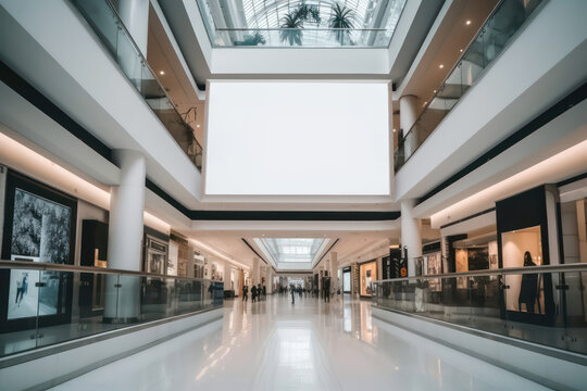 public shopping center mall or business center high big advertisement board space as empty blank white mockup signboard with copy space area for sale and offers advertisements - Generative AI