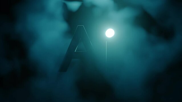 Ai with glowing dot emerging from dark cloudy background. 3D animation.