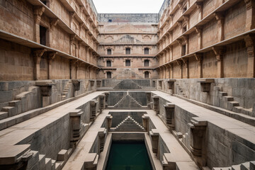 Obraz premium Ancient Indian step well in Jaipur, India, Architecture of stairs at Abhaneri Baori step well in Jaipur, Rajasthan, India