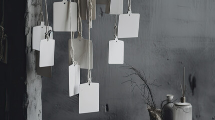 A row of white blacnk tags hanging on an old grey wall, generative ai illustration