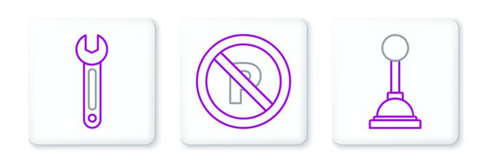 Set line Gear shifter, Wrench and No Parking or stopping icon. Vector