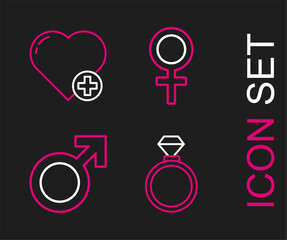 Set line Wedding rings, Male gender symbol, Female and Heart icon. Vector