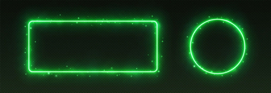 Green neon frames with smoke and sparkles. Circle and rectangle glowing borders for game UI. Vector illustration.