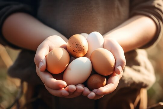children's hands hold eggs collected in the chicken coop. Farm. Generative AI
