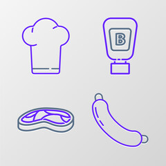 Set line Sausage, Steak meat, Sauce bottle and Chef hat icon. Vector