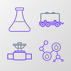 Set line Molecule oil, Industry pipe and valve, Oil railway cistern and petrol test tube icon. Vector