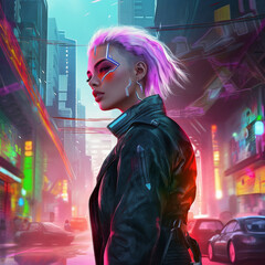 Watercolor portrait of a girl in cyberpunk style. High quality illustration