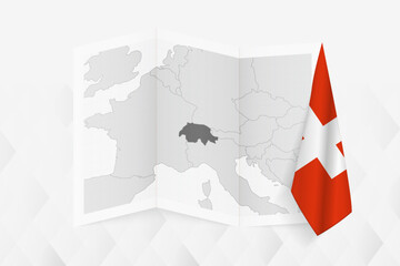 A grayscale map of Switzerland with a hanging Swiss flag on one side. Vector map for many types of news.