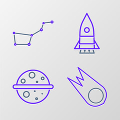 Set line Comet falling down fast, Planet Venus, Rocket ship and Great Bear constellation icon. Vector