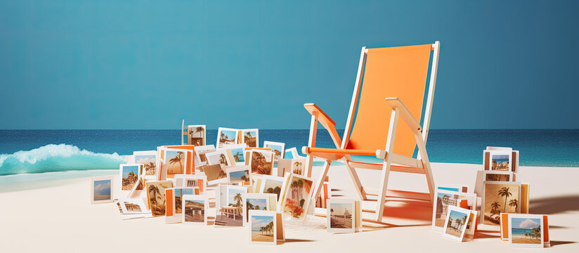 An orange beach longchair on a beach surrounded by framed pictures, generative ai illustration
