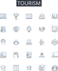 Tourism line icons collection. Travel Industry, Vacation Business, Hospitality Sector, Sightseeing Market, Excursion Business, Leisure Industry, Holiday Market vector and linear illustration. Resort