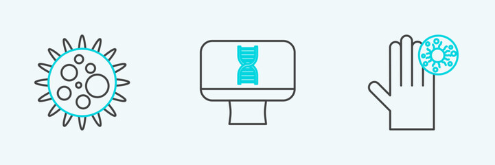 Set line Hand with virus, Virus and DNA spiral computer icon. Vector