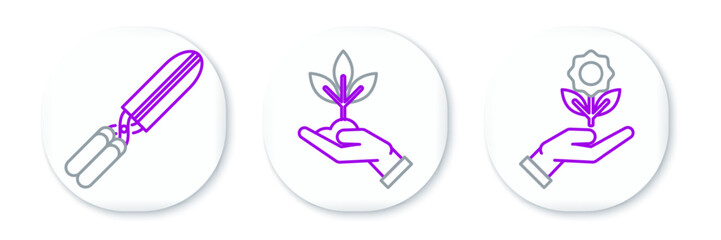 Set line Hand holding flower, Gardening handmade scissors for trimming and Plant of environmental protection icon. Vector