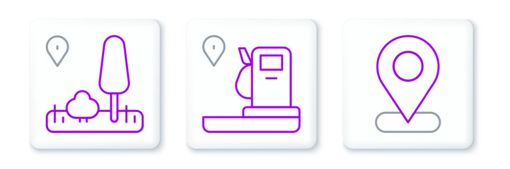 Set line Location, City map navigation and and gas station icon. Vector