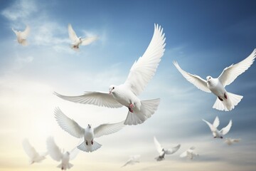 Fototapeta na wymiar curving white birds in sky as symbol of world peace dove. Generative AI