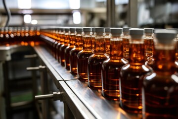 Fototapeta premium Automatic production line fills glass bottles with cognac. Generative AI