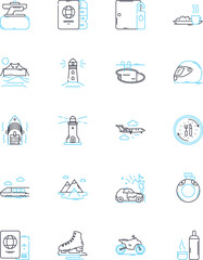 Family vacation linear icons set. Adventure, Beach, Camping, Cruise, Relaxation, Theme parks, Road trip line vector and concept signs. Mountains,Outdoors,Skiing outline illustrations