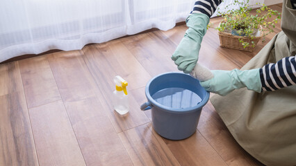 雑巾をしぼる｜床(フローリング)の拭き掃除・除菌イメージ - obrazy, fototapety, plakaty
